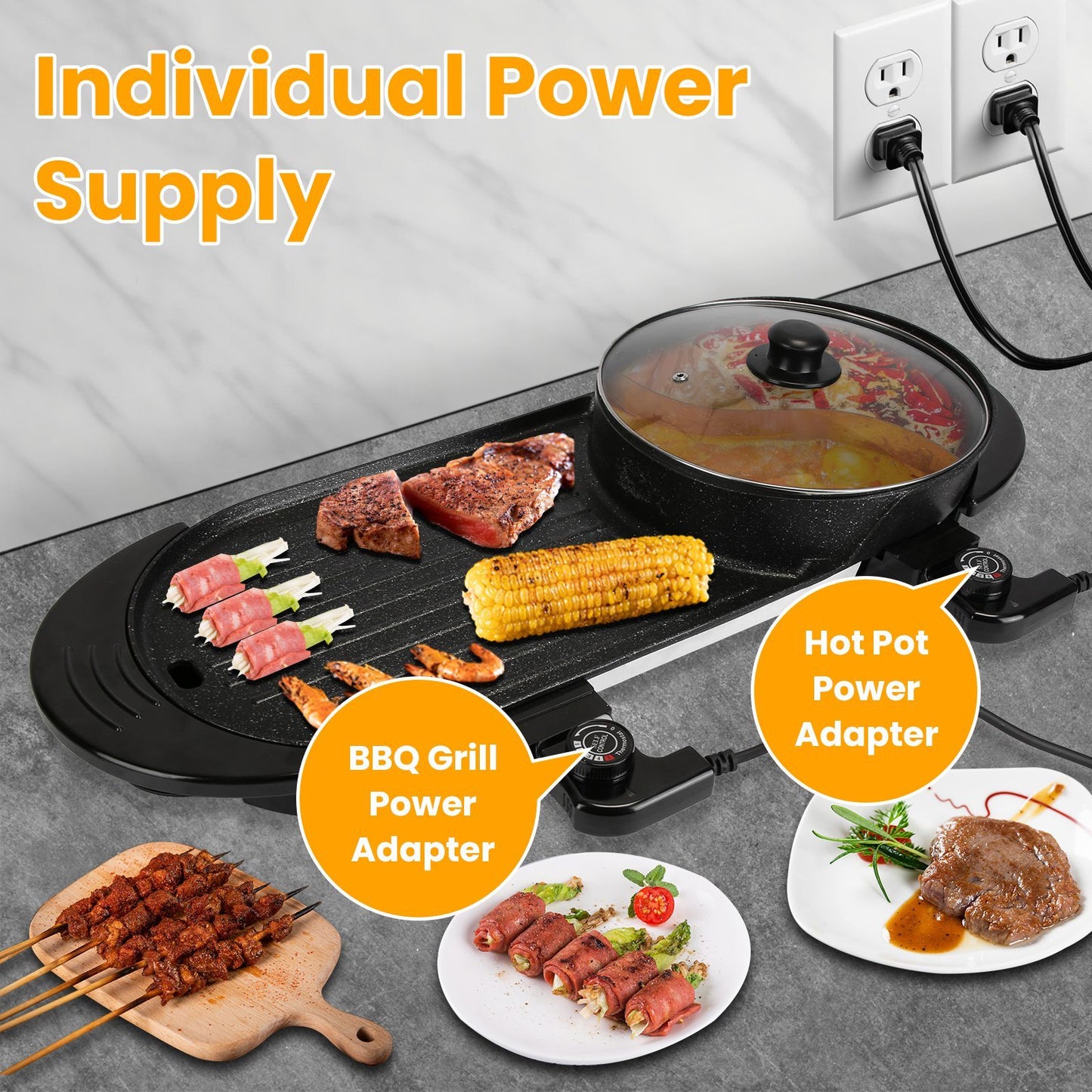 2200W 2 In 1 Electric Hot Pot With BBQ Grill Cooker Smokeless Non-Stick Korean BBQ Grill Shabu Shabu Hot Pot With Independent Temperature Control 5 Gears Firepower For 2-10 People