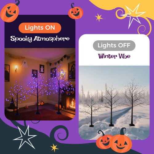 3 Pac Halloween Spooky Tree With Purple Lights, 4FT 5FT And 6FT, Lighted Black Tree For Halloween Decoration