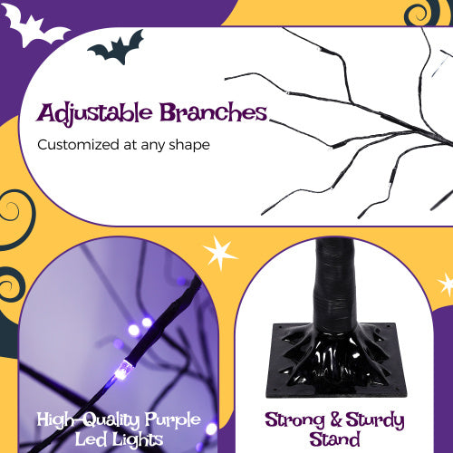 3 Pac Halloween Spooky Tree With Purple Lights, 4FT 5FT And 6FT, Lighted Black Tree For Halloween Decoration