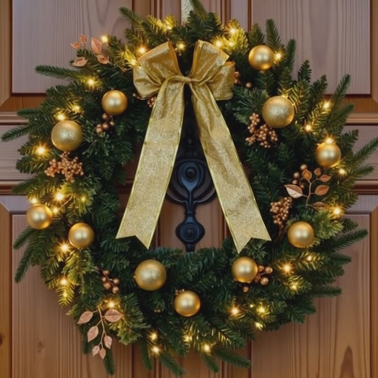 24in Pre-lit Battery Powered Christmas Wreath With Remote, Lighted Artificial Xmas Wreath With 50 Warm Lights And 120 PVC Tips And Ornaments, For Front Door Gate Wall Xmas Party Decorations S001